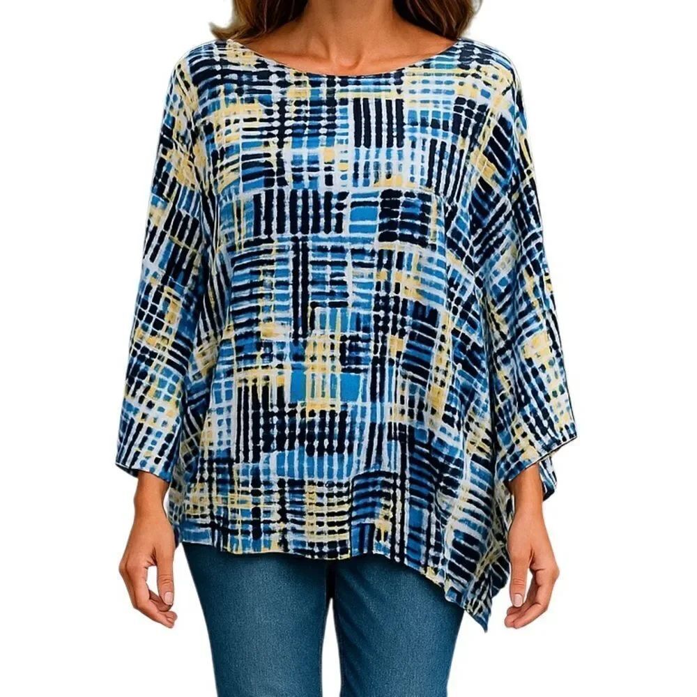 Rafaella Women’s Geometric Pattern Asymmetrical Hem Popover Top PM